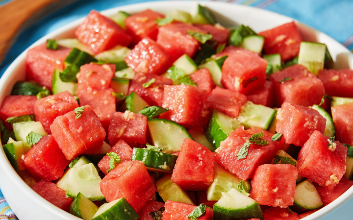 Watermelon, Cucumber, and Tomato Salad with Fig Balsamic Vinegar